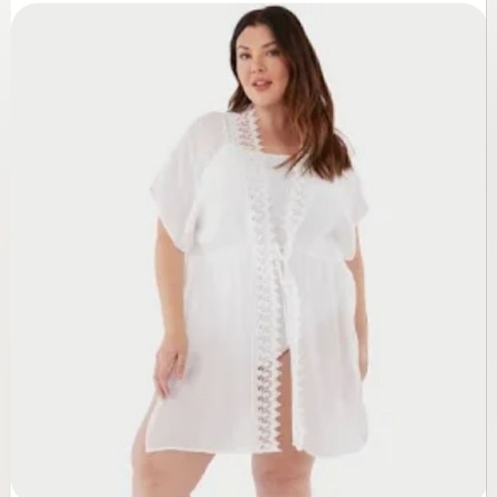Kensie White Lace Trim Cover-Up Plus Size